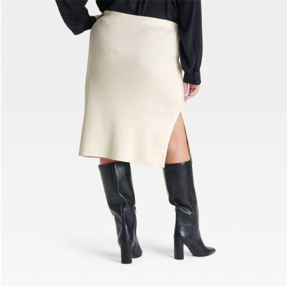 Ava & Viv Rib Knit White A-Line Midi Skirt Pull On Stretch Var Sizes | NWT - Picture 2 of 8